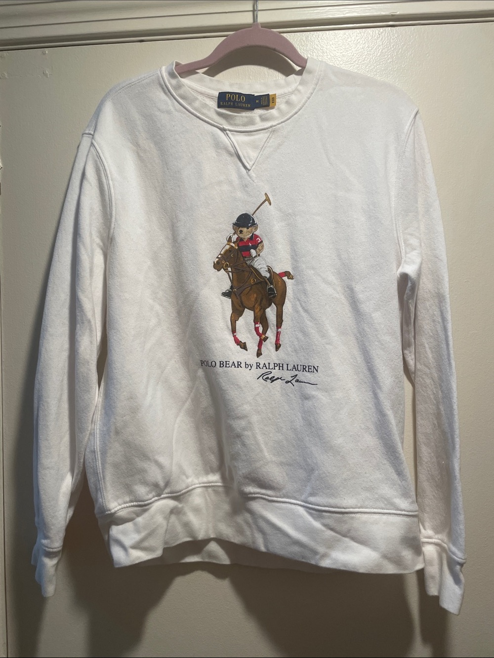 Polo Ralph Lauren White Polo Bear & Big Pony Fleece Crewneck Sweatshirt - Size M